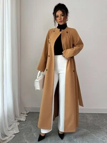 Elenzga Áo khoác dài cổ bẻ tay raglan hai hàng khuy xẻ tà buộc dây cho nữ - Màu Khaki - Xem 4