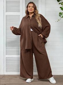 SHEIN CURVE+ 大码休闲纯色衬衫和裤子两件套