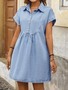 EMERY ROSE Denim Collar Dress For Women, Fashion Distressed Slimming - Light Wash - View 3