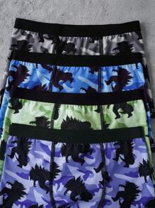 GODZILLAxKONG X SHEIN 4pcs Young Boy 4pcs Comfortable Monster & Camouflage Print Boxer Briefs,Soft & Comfortable