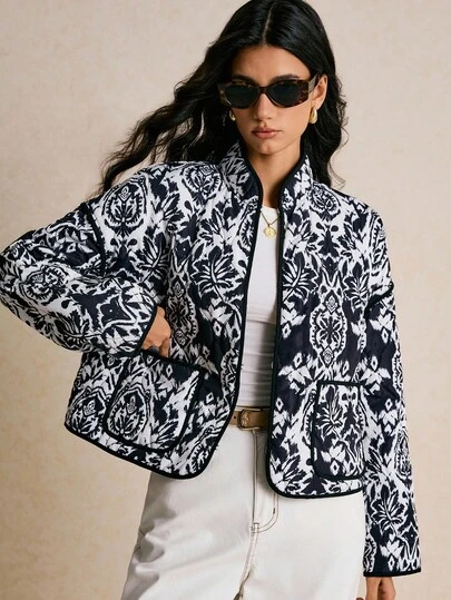 Poéselle Women's Plant Pattern Long Sleeve Open Front Casual Winter Coat, Women's Winter Coat, Women's Winter Coat, Women's Winter Coat, New Year , Party, Business Casual Woman, Old Money, Elegant Women, Classy For Women, Fall Winter