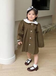 SHEIN 女宝宝复古翻领长袖羊毛开衫外套，适合秋冬季外出聚会日常穿着 - 軍綠色 - 查看 5