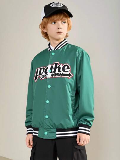 Boys' Minimalist Fashion Cool Embroidered Woven Baseball Jacket Cardigan With Snap Buttons Boys Letterman Jacket Letter Jacket Boys Boys Jacket Baseball Jacket Boys Y2k Clothes Boys