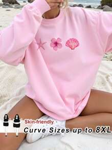SHEIN CURVE+ 大码休闲花卉贝壳印花宽松圆领长袖运动衫，适合女士、秋季、冬季 - 粉色 - 查看 1