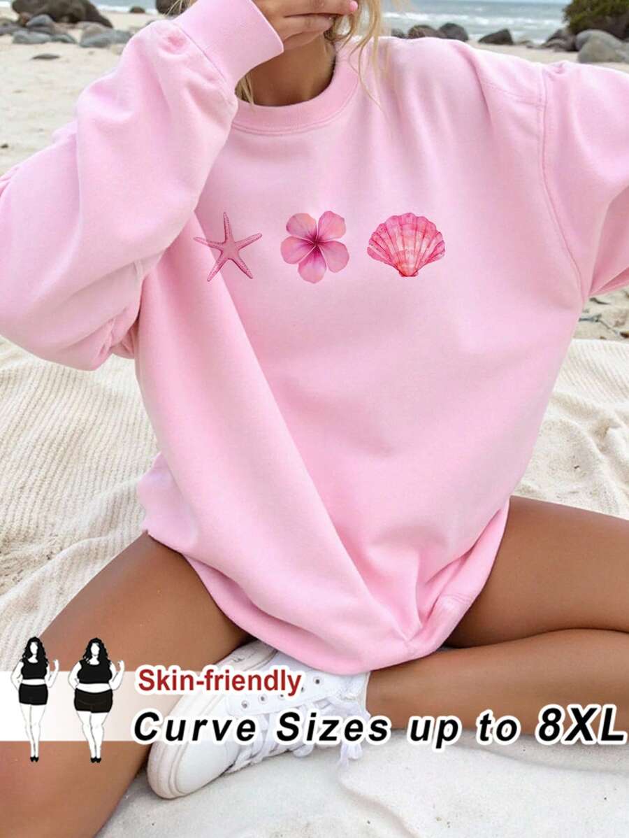 SHEIN CURVE+ 大码休闲花卉贝壳印花宽松圆领长袖运动衫，适合女士、秋季、冬季 - 粉色 - 查看 1