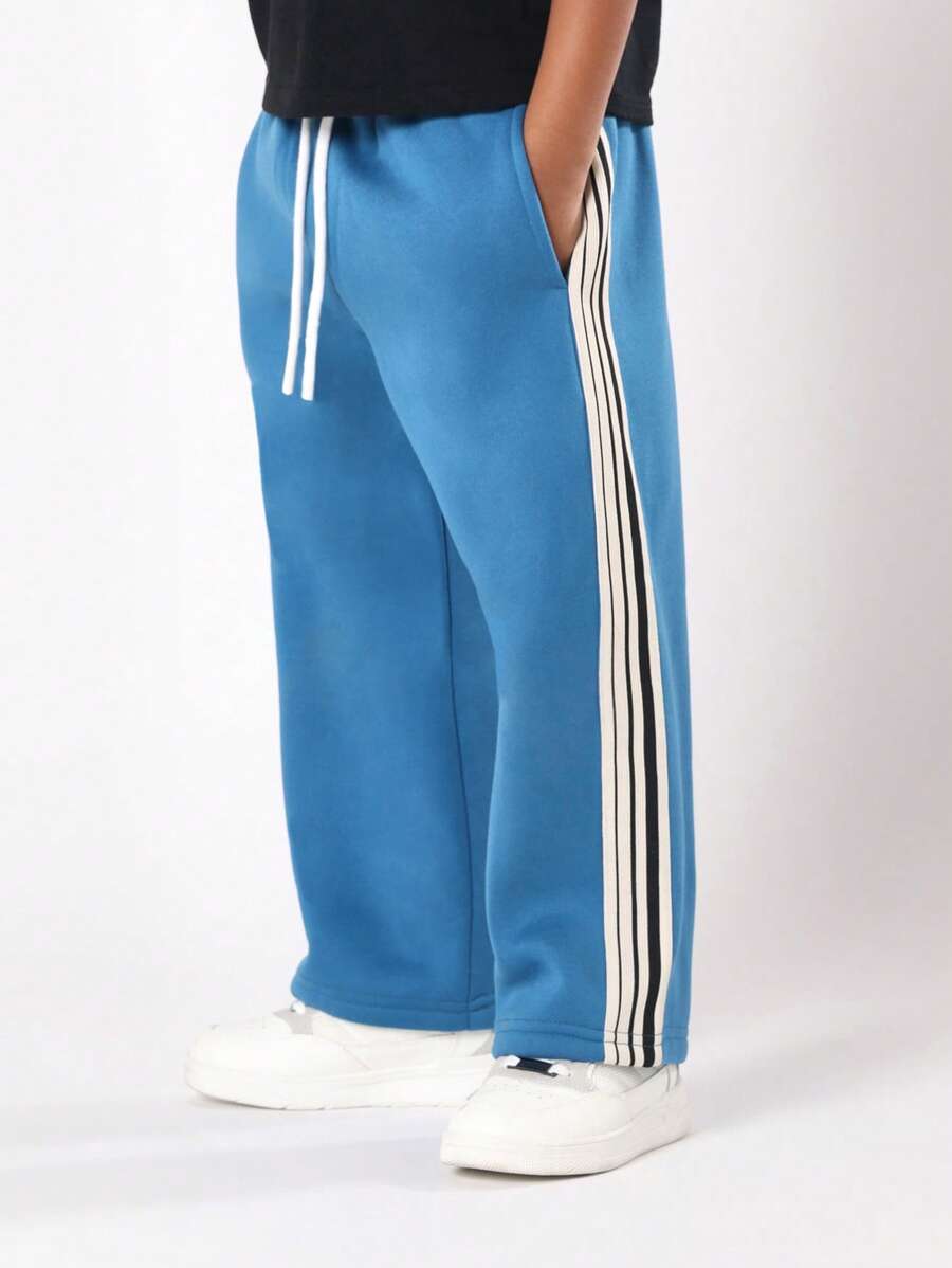 SUMWON 经典运动裤侧条纹休闲裤抽绳松紧腰宽松版型柔软舒适青年秋冬春季穿着裤装 - 藍色 - 查看 1