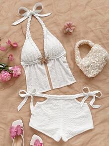 Soleia 2件套女士海星装饰吊带上衣和镂空腰短裤 - 白色 - 查看 5