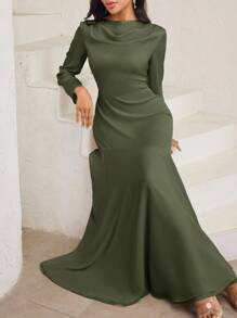Veilorie 女士优雅纯色连衣裙，适合派对 - 軍綠色 - 查看 3