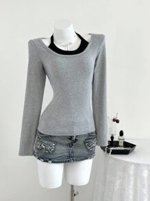 Elamini 女式 T 恤，秋季服装，长袖，色块 - 灰色 - 查看 3