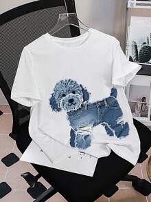 EMERY ROSE Cute Dog & Denim Print Pattern Women's Round Neck T-Shirt