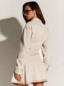 Athîral 女式长袖单排扣休闲衬衫裙，带口袋 - 卡其色 - 查看 2