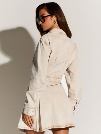 Athîral Långärmad enkelknäppt skjortklänning med fickor för kvinnor