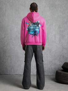 GODZILLAxKONG X SHEIN Áo hoodie có mũ rút túi họa tiết chữ cái thường ngày dành cho nam - Hồng - Xem 3