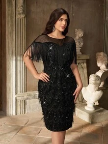 Aureia Plus Size Elegant Simple Black Round Neck Transparent Neckline Splicing Luxury Beaded Tassel Tight Hips Suitable For Wedding Party Celebration Important Occasion Cocktail Gown - Black - View 6