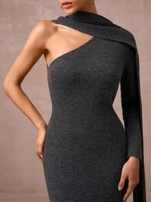 Lumalex Fall Winter Goth Modest Old Money Glitter Holiday Party Outfit Rave Festival Outing Vacation Bohemian BOHO Outdoor Richly Layered Wedding Season Banquet Coming Of Age Ceremony Asymmetrical Neck Wrap Neck Bodycon Knit Dress For Women Open Shoulder Dress Elegant One Sleeve Dress Maxi Dress Asymmetrical Dress Gray Dress Luxury Prom Christmas New Year - Dark Grey - View 5