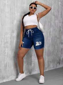 EURMUSE Plus Size Women Casual Distressed Frayed Drawstring Denim Shorts - Dark Wash - View 6