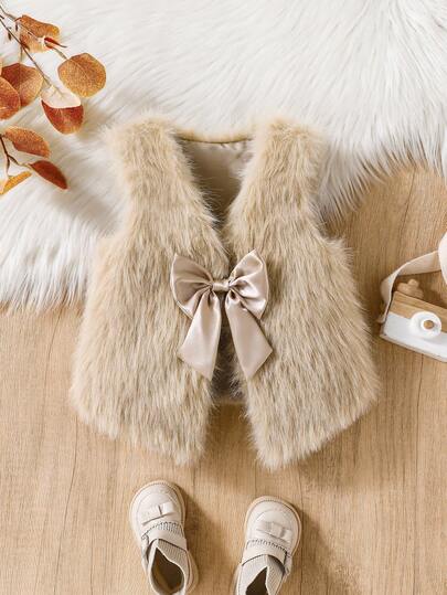 Elladie kids Jackaväst med fuzzy rosettdekor för ung flicka, lämplig för vardagligt, moderiktigt och elegant vardagsbruk