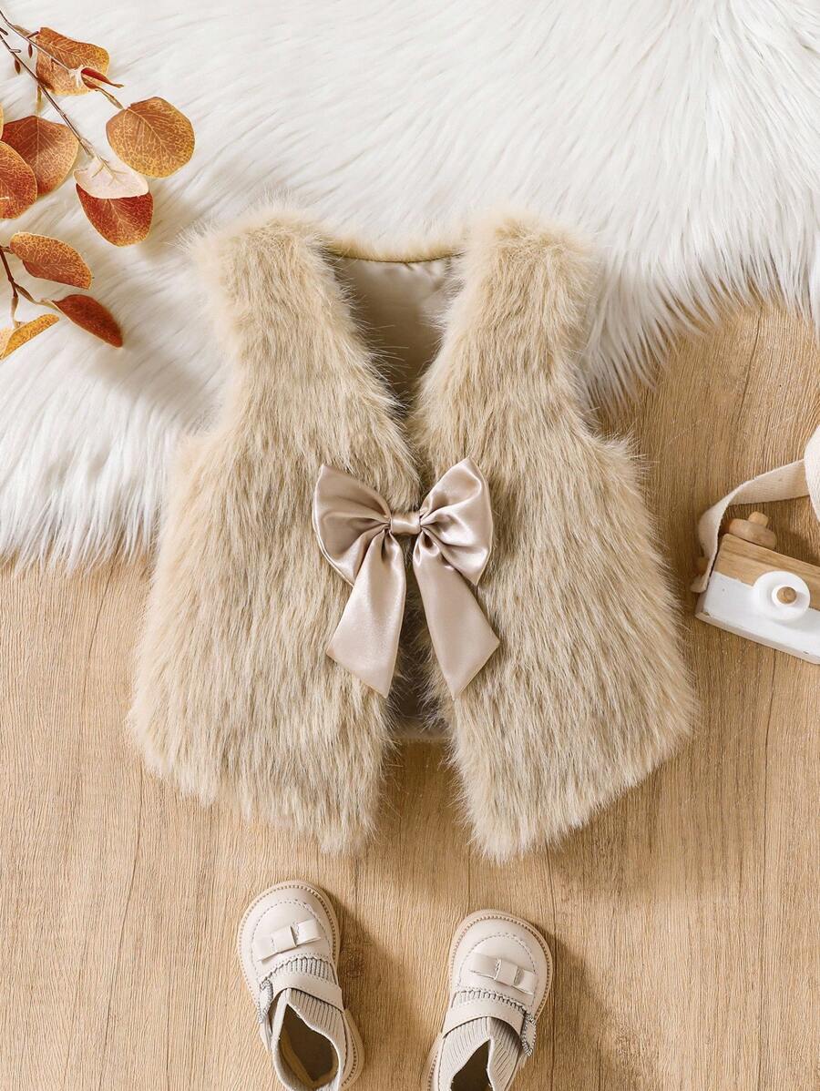 Elladie kids 少女毛绒蝴蝶结装饰外套背心，适合休闲、时尚、优雅的日常穿着 - 卡其色 - 查看 1