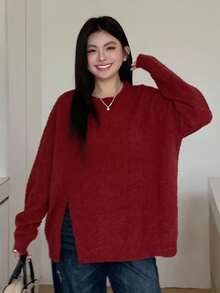 Dazy Plus 酒红色宽松圆领开衩长袖大码女式圣诞新年套头衫，秋季 - 酒紅色 - 查看 3