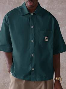 SUMWON Boxy Fit Button Down Collared Workwear Short Sleeve Casual Oversized Shirt Fall Spring - Dark Green - View 5