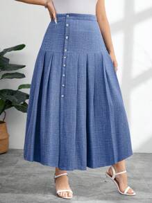 Modelyn Plus Size High Waist A-Line Pleated Skirt, Versatile Vintage Style, Flattering, Spring/Summer - Blue - View 5