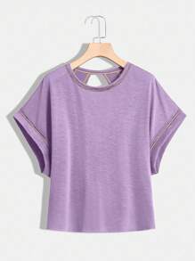 SHEIN Essnce Plus Size Women's Spring And Summer Fashion Casual Comfortable Loose Daily Purple Backless Short-Sleeved T-Shirt,Summer For Women,Going Out Tops,Y2k,Concert Women,Backless Top,Streetwear,Open Back Top - Lilac Purple - View 2