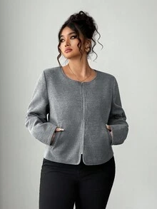 Elenzga Jaqueta de Frente Aberta com Bolsos em Mistura de Lã para Mulheres Plus Size, Estilosa e Elegante para Passeios e Deslocamentos