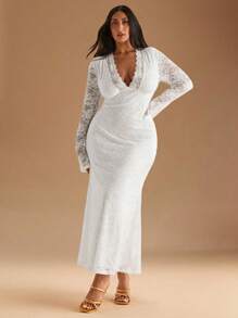 SHEIN BAE 大码女式V领蕾丝透视度假连衣裙，紧身连衣裙，春夏