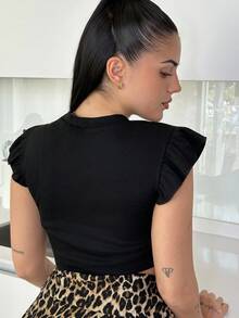 Lucia Bellido WYWH Women Vacation Ruffle Trim Solid Black Tee - Black - View 2