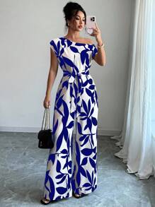 Elenzga Women's Elegant Holiday Slimming Printed Summer Romper - Blue - View 1
