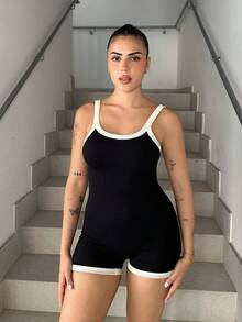 Lucia Bellido 無縫顏色對比火辣女孩連身衣，修身連身背心連身衣 - 黑色 - 查看 6
