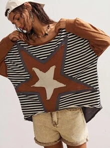 Bohemela Áo thun tay dài dáng rộng in hình sao và sọc BOHO phong cách Mỹ dành cho nữ - Xám - Xem 5