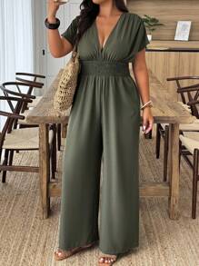 Weeklong Plus Size Casual Solid Color Short Sleeve Jumpsuit  BASICS