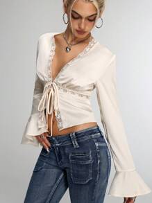 Flirla Women's Elegant Solid Color Lace Trim Tie Front Flare Sleeve Blouse Fall Cloth For Women - White - View 3