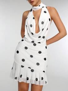 Jeanoix Women's Polka Dot Print Plunging Neck Sexy Fashion Halter Dress