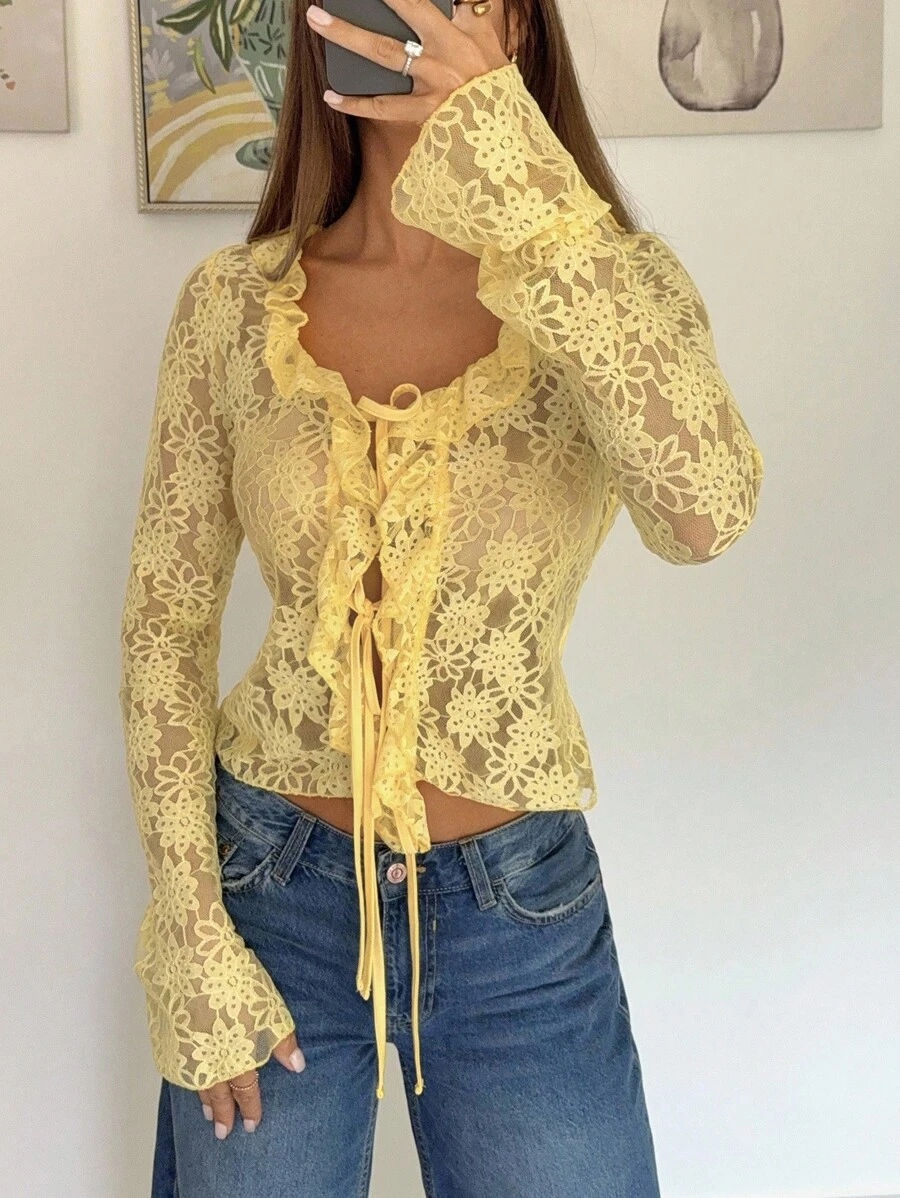 Siren Gaze 黄色蕾丝上衣返校季女式蕾丝系带蝴蝶结长袖黄色上衣复古风格返校季教师女装冬季女装秋季复古奶油黄夏季 - 黃色 - 查看 1