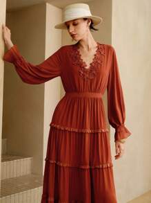 Arave 女式优雅腰部收紧褶皱蕾丝和网眼灯笼袖长裙，波西米亚和嬉皮风格 - 紅色 - 查看 3