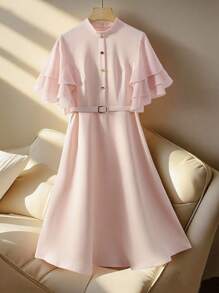 Franclia 荷叶边袖纯色简约时尚腰部收腰 A 字连衣裙，粉色 - 粉色 - 查看 3