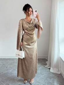 Selianne Women's Metallic Flared Sleeve Elegant Dress Fall Cloth For Women - Gold - View 4