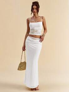 SHEIN BAE 女式夏季蕾丝露背吊带背心和透明中长裙两件套 - 白色 - 查看 2