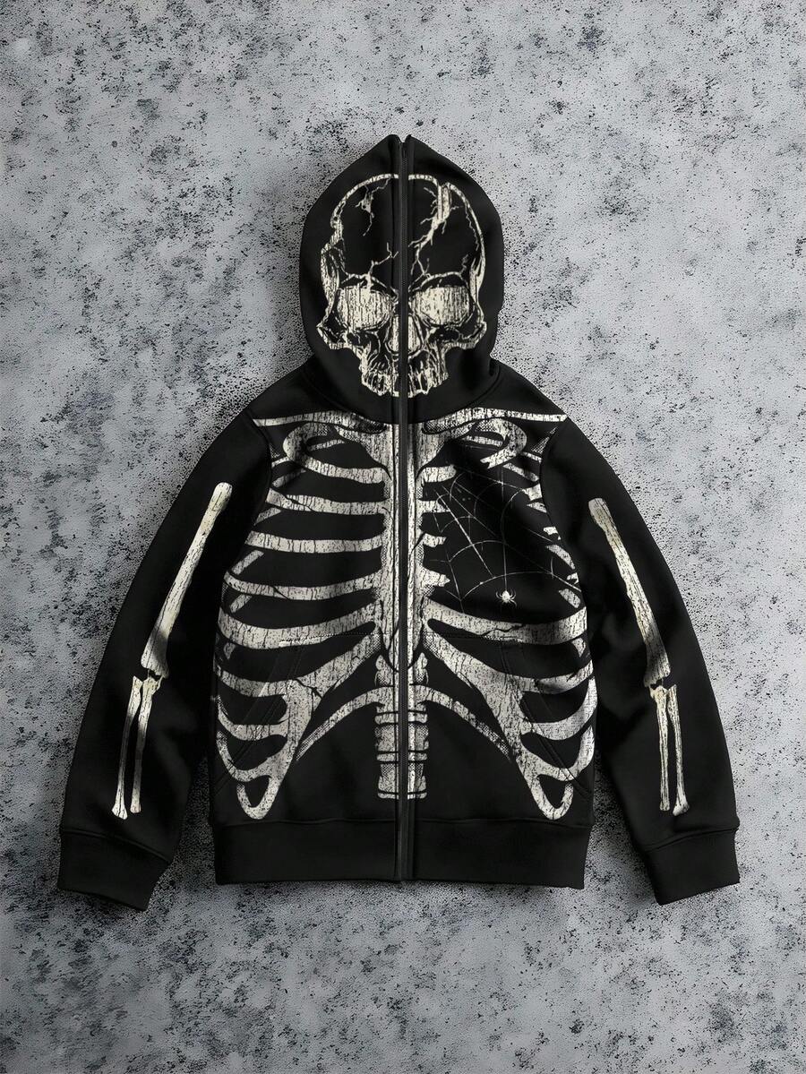 GENIUS ODE Men's Fashion Skeleton Spooky Halloween Cosplay Party Wear Skull Print Zip-Up Hoodie Sweatshirt Halloween Hoodie Skeleton Hoodie Zip Up Hoodie,Autumn/Winter