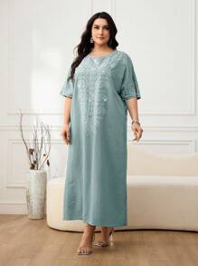 Al Najma 大码女式休闲宽松腰果刺绣短袖阿拉伯连衣裙 - 綠色 - 查看 3