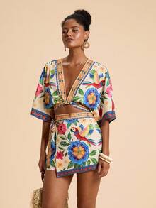 Travachic 2件套女士度假印花短款衬衫和高腰短裤套装 - 彩色 - 查看 4