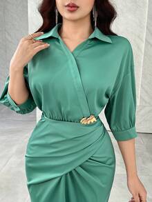 Modelyn 女式纯色七分袖褶饰设计修身优雅中长连衣裙 - 綠色 - 查看 5