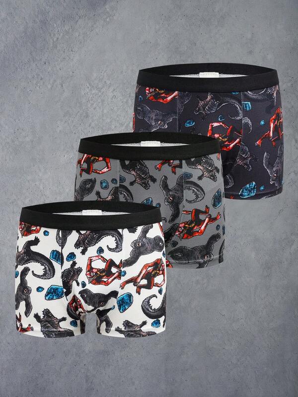 GODZILLAxKONG X SHEIN 3pcs Tween Boy Comfortable Soft Monster Pattern Trunks,,Basic Comfortable Casual ,Soft