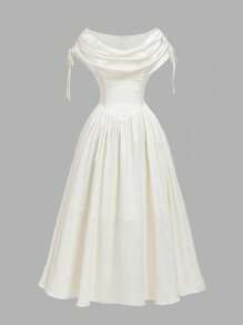 SHEIN MOD 大码女式优雅杏色 V 领高腰连衣裙、白色连衣裙、婚礼宾客礼服、毕业礼服、庆典礼服、音乐会礼服、早午餐礼服、波西米亚风 - 白色 - 查看 2