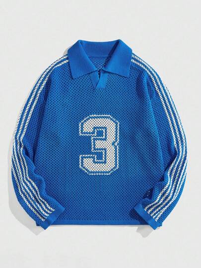 Street Life Men's Contrast Stripe & Numeric Print Hollow Out Loose Knit Long Sleeve Sweater , Fall Winter