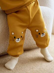 Cozy Pixies 2pcs Baby Boy Cartoon Lion Pattern Soft Knit Pullover Sweatshirt Sweatshirt With Ear Design And Elastic Waist Pants Set - Yellow - View 10