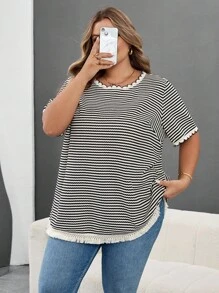 SHEIN CURVE+ 大码休闲学院风条纹T恤，秋季/假日女装，秋冬款，CURVE PLUS - 黑與白 - 查看 8