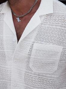 Manfinity Homme 男士白色衬衫，夏季纯色针织提花休闲度假短袖衬衫，白色蕾丝，传统款式亚麻混纺衬衫 - 米色 - 查看 3